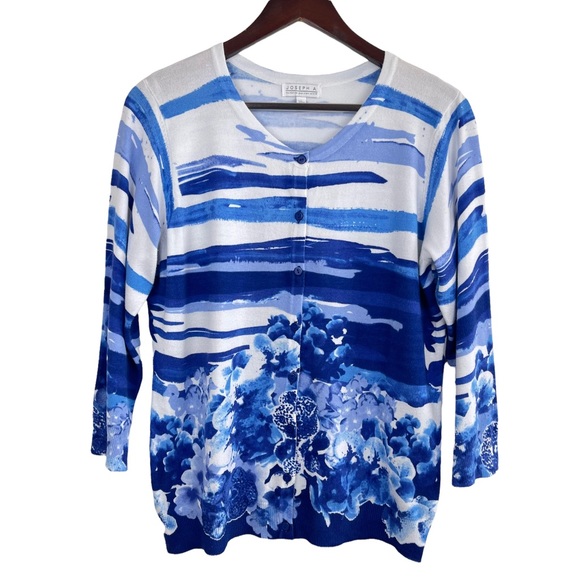 Joseph A Sweaters - Joseph A. Blue Stripe Floral Print Cardigan Sweater Women’s Size L